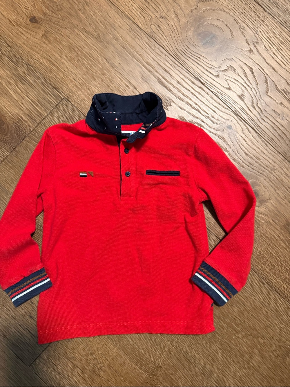 Mayoral Red Long Sleeve Polo with Navy Trim and Detail